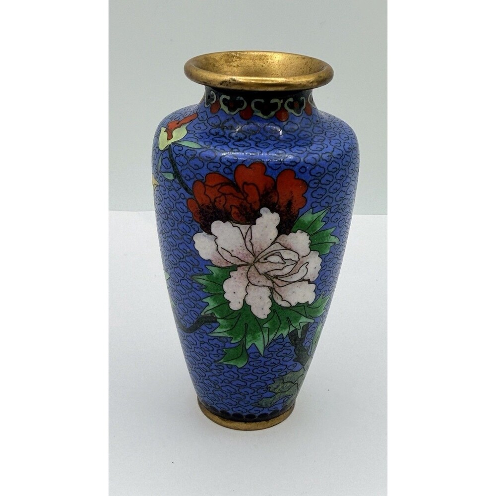 Vintage Chinese Cloisonné Mini Vase 4 ” Heavy Fine Enamel Peony Flowers Blue